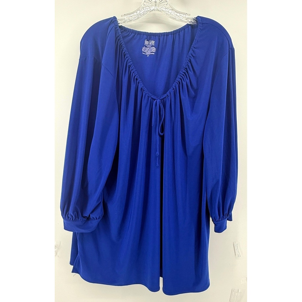 Slim Factor by Investments Royal Blue Gathered Tie Neck Balloon Sleeve Blouse 2X